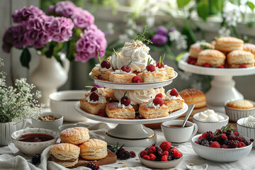 Poster - A delightful afternoon tea spread with scones, clotted cream, and finger sandwiches. Concept of traditional rituals and indulgence. Generative Ai.