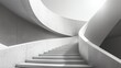 © Dinara - The image is a photograph of a modern staircase with a curved design. The staircase is made of white concrete and has a minimalist aesthetic.