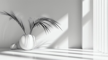 Poster - A beautiful white room with a large plant in a vase. The sunlight is shining through the window and creating shadows on the wall.