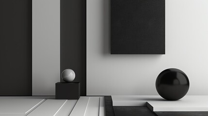 Poster - 3d rendering of a black and white room with a black sphere and a white sphere on a podium.