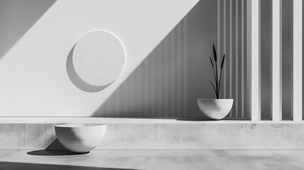 Poster - white podium with a large empty circle on the wall and a bowl with a plant on it. the background is 