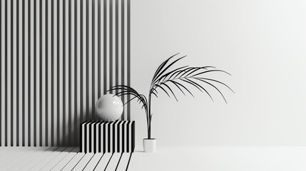 Poster - Black and white interior with a potted plant. There is a black and white striped wall in the background and a black and white striped floor.