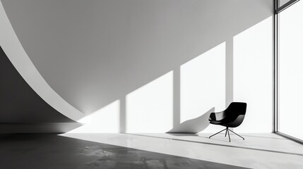 Black and white interior space with a single chair. The chair is placed in the center of the room, and the walls are curved.