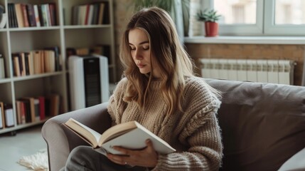 Woman in living room with book in hand, attention on electric fan heater