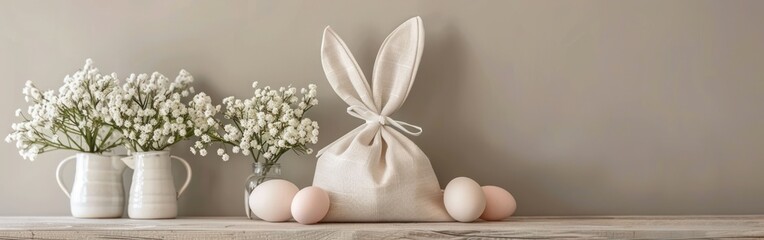 Wall Mural - Easter Bunny Ears Gift Bag on Beige Linen Table: Festive Holiday Greeting Card Concept