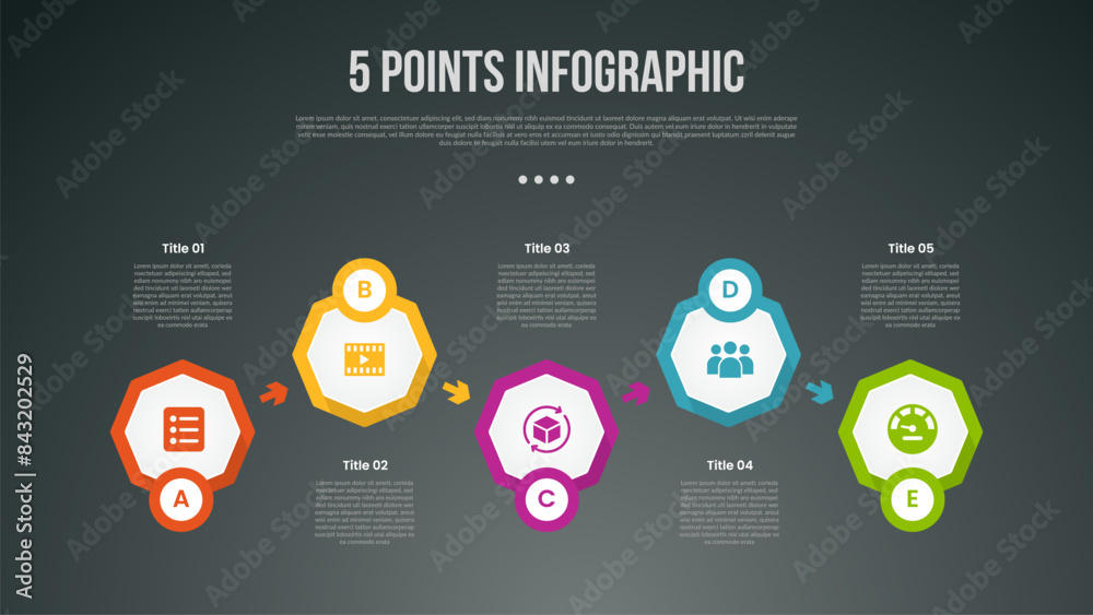 5 points or step process infographic with octagon shape and circle ...