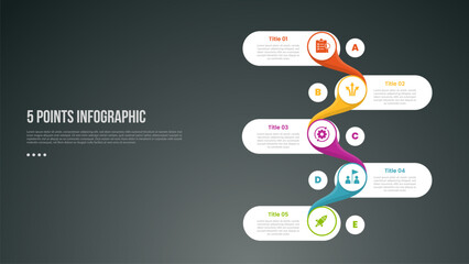 Wall Mural - 5 points or step process infographic with round rectangle shape on vertical direction chained connection with modern dark style for slide presentation