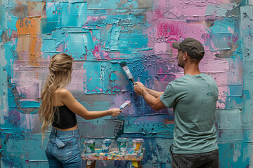 Poster - spouses working together on a diy project, painting a room in their house. concept of creativity and