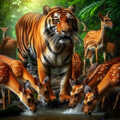 tiger and deer together, predator with herbivores together. ai generated