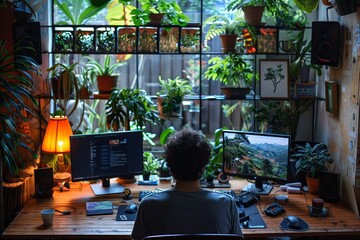 A person sitting in a home office surrounded by lush green plants, working on dual monitors with one screen displaying code and the other showcasing a scenic landscape while soft lighting illuminates