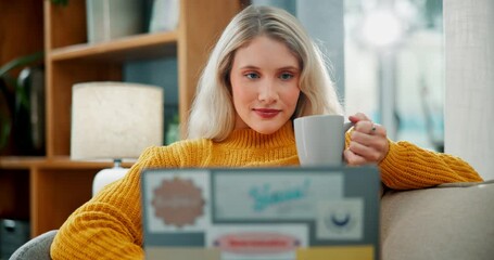 Aufkleber - Woman, relax and laptop with coffee for morning, online browsing or checking email on sofa at home. Young female person with warm beverage, drink or tea on computer for communication in living room