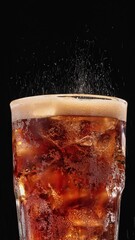 Canvas Print - Closeup of pouring cola drink with ice cubes. Fizzing cola with ice in glass. Refreshing tasty cola drink.