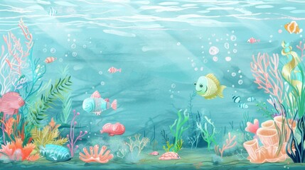 Wall Mural - A cartoon image of fish swimming in water with some aquatic plants illuminated by sunlight from above.