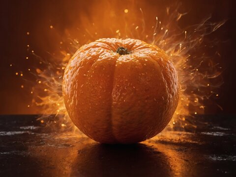 Glowing orange burst on burnt orange background with tangerine hues, sparkling backdrop.