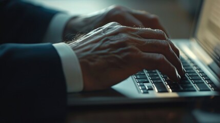 Poster - the businessman s hands are deftly gliding over the keys of his laptop swiftly tapping out commands 