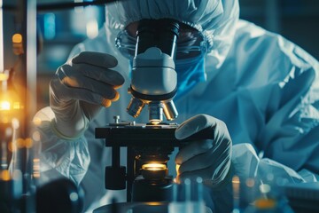 Wall Mural - Scientist using a microscope in a laboratory, Concept science and Technology stock photo 