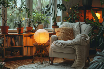 Sticker - A cozy reading corner with a low bookshelf, comfortable chair, and soft lighting, perfect for unwinding. Concept of Japandi reading nook. Generative Ai.