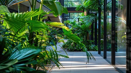 Poster - Plants with green foliage in the workplace garden