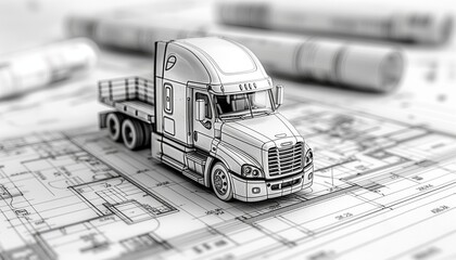 Semi truck model over technical blueprints