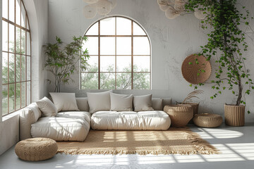 Poster - a minimalist living room with clean lines, neutral colors, and simple decor, promoting a sense of ca