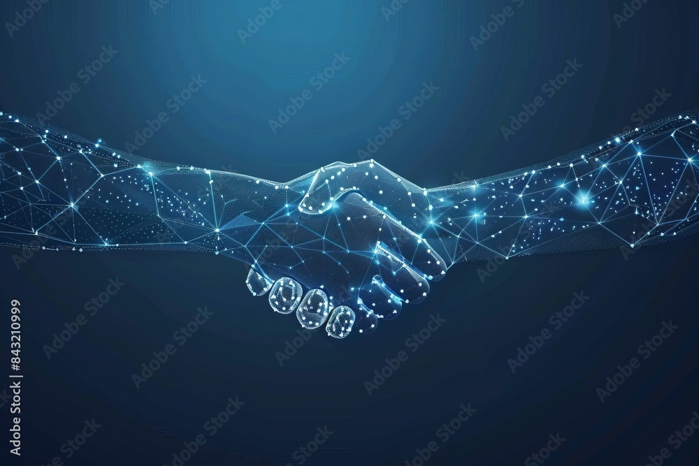 Digital handshake on blue technology background. Abstract two hands in ...