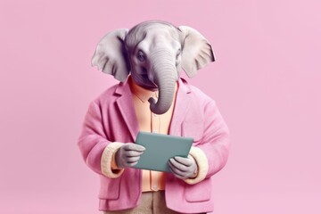 Studio portrait of a elephant, who is dressed in hipster clothes, holds a laptop in his hands