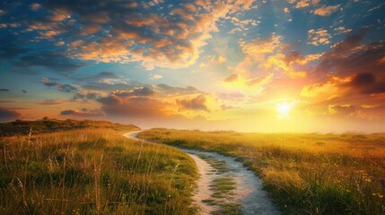 Wall Mural - Scenic pathway encircling a meadow during the transition from blue to orange skies Offering breathtaking scenery for jogging