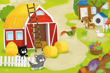 cartoon summer scene with farm ranch enclosure backyard garden and happy animals barn chicken coop or pigsty with car vehicle tractor illustration for children