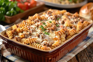 Canvas Print - A casserole dish filled with savory pasta and meat, creating a hearty and satisfying meal