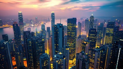 Wall Mural - A city skyline at dusk the buildings illuminated by a blend of natural and artificial light representing the blending of real and manufactured environments