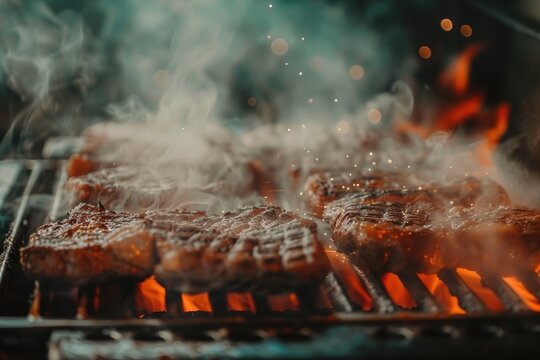 A close up of meat grilling on a fiery hot grill, with smoke rising as it cooks to perfection