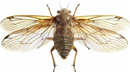 Close-up of a graceful giant water bug with brown wings against a white backdrop, highlighting intricate details