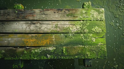 Wall Mural - A closeup of a dock the wooden planks covered in a thick layer of slimy green algae making it nearly impossible to walk on