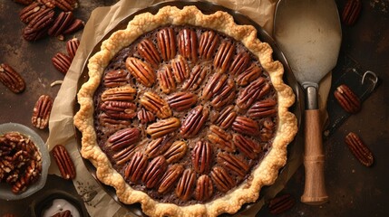 Sticker - A beautifully crafted pecan pie nestled in a buttery crust bursting with heartwarming flavors and adorned with a sprinkling of crunchy wholesome pecan seeds