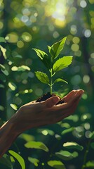 hand holding a small plant with bright sunlight in nature

