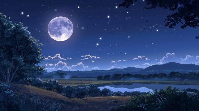 A clear night sky with a full moon shining over a quiet countryside, Japanese animation background