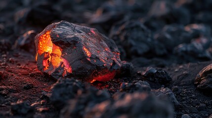 Poster - A closeup of a meteorite fragment lying on the ground the edges still glowing red from its violent impact