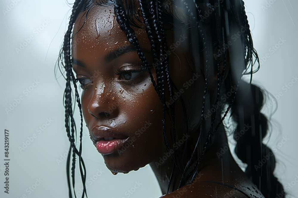 A close-up silhouette of a young woman with braids, wet from the shower