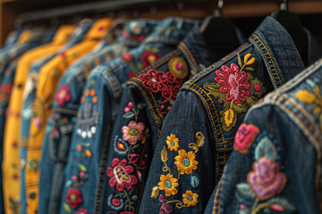 A display of embroidered denim jackets, adding a fresh twist to a classic. Concept of personalized fashion and spring style. Generative Ai.