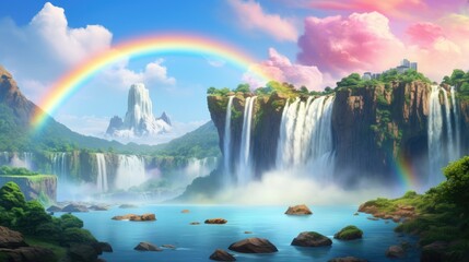 Wall Mural - beautiful waterfall with rainbow in forest landscape watercolor painting