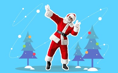 Wall Mural - Dancing Santa Claus on blue background. Christmas in July