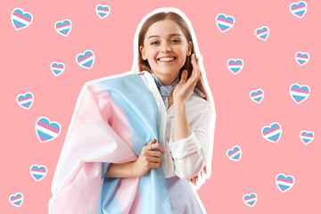 Poster - Young woman with transgender flag on pink background