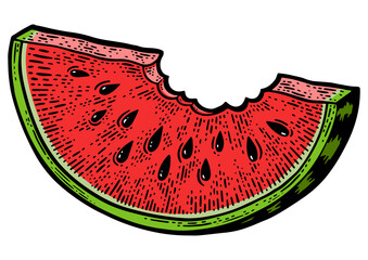 Wall Mural - bitten slice of watermelon color sketch engraving PNG illustration. T-shirt apparel print design. Scratch board imitation. Black and white hand drawn image.