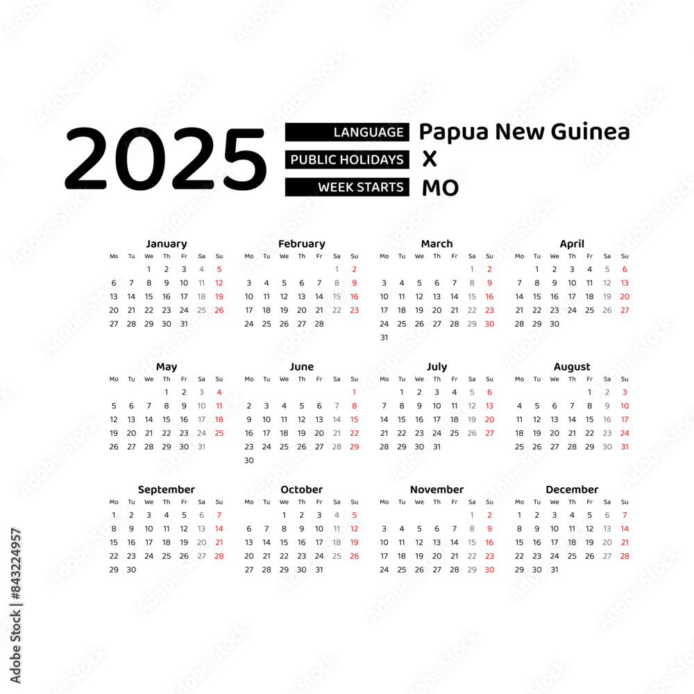 Papua New Guinea Calendar 2025. Week starts from Monday. Vector graphic