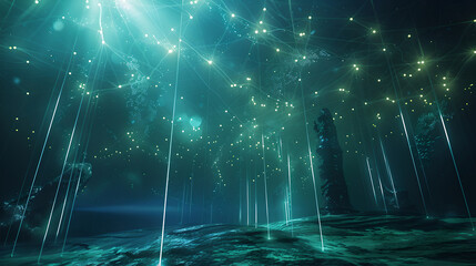 Poster - An underwater communication network is beautifully visualized with light beams connecting subsea data stations in a mesmerizing bioluminescent ocean.