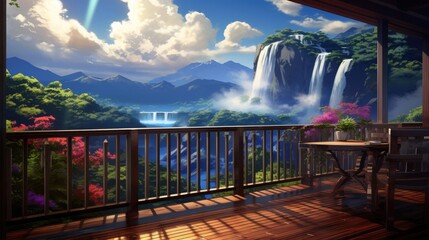 balcony with outdoor nature amazing view, illustration fantasy 