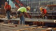 © Justlight - Construction workers install a base isolation system allowing the building to shift and move independently from its foundation during an earthquake reducing the overall impact on the