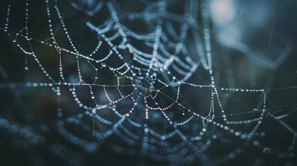 Sticker - A closeup photograph of a dew covered spider web highlighting the delicate and intricate network of interconnected threads mirroring the vast and complex structure of the universe