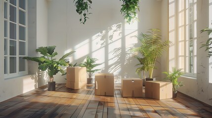 Wall Mural - The concept of moving into a new apartment with cardboard boxes and plants on a wooden floor, white walls with large windows