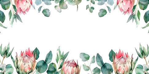 Wall Mural - Watercolor hand draw floral frame with green eucalyptus leaves and red protea rose flowers, wedding invitation card border design, mock up of floral elements, botanic watercolor illustration. Template